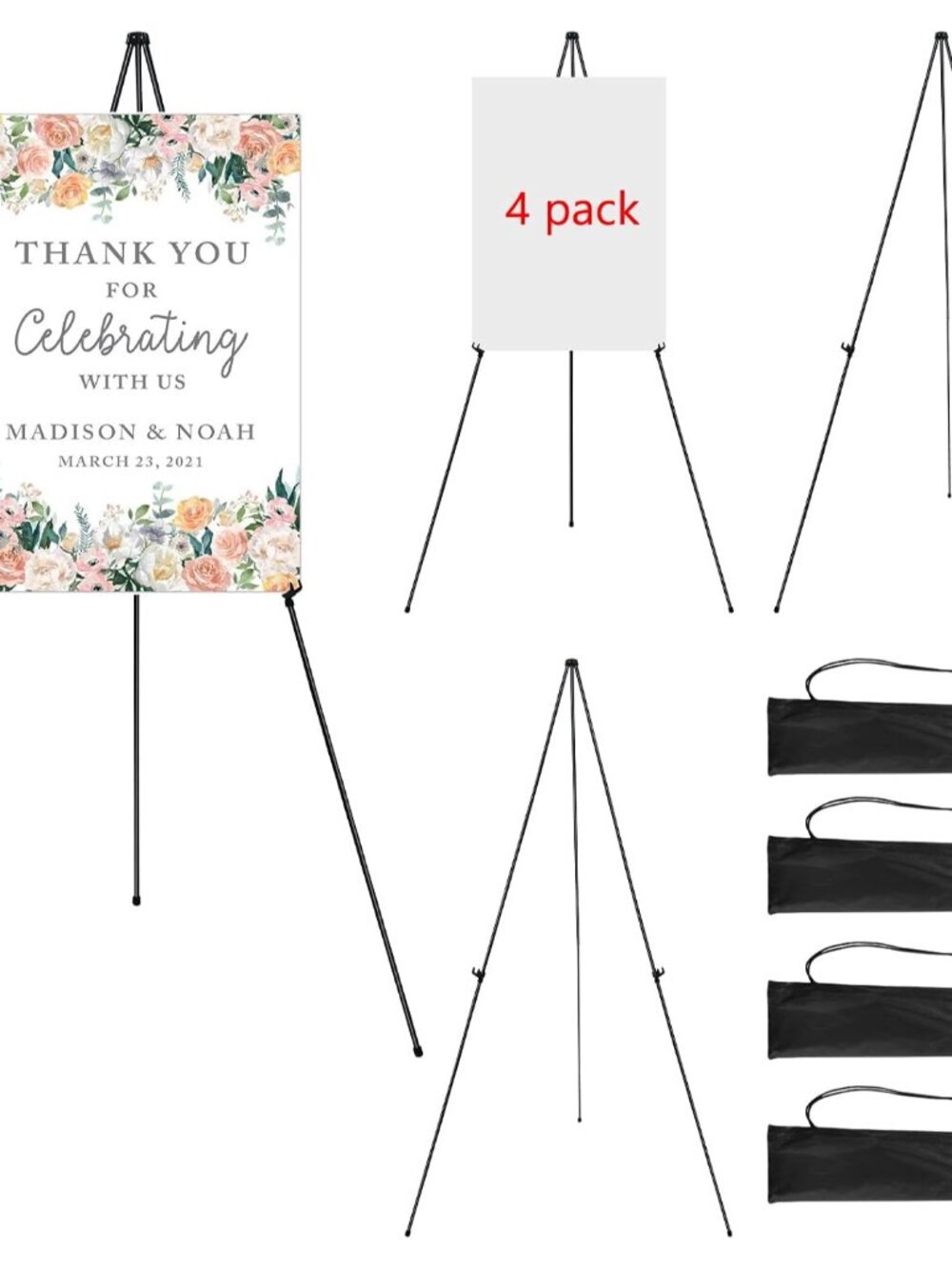 4 Pack 63 in Sign Easel Stands, Instant-Fold Tripods with Bags